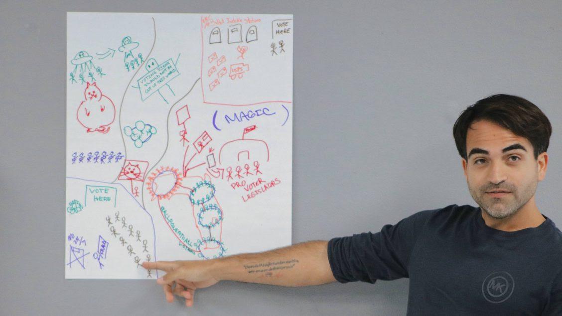 A workshop participant pointing to a drawing made during their brainstorming
