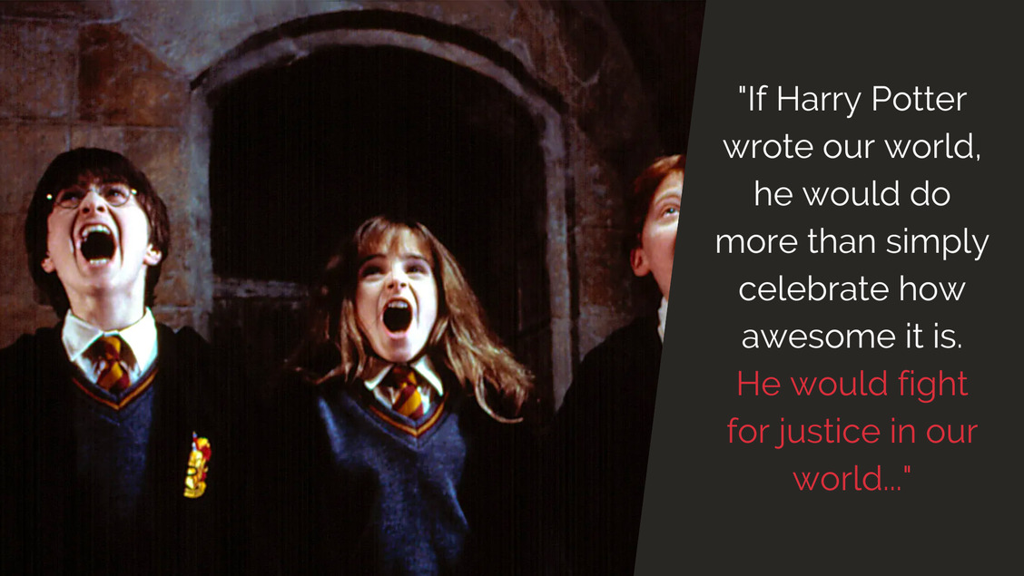 Harry Potter main characters screaming and a quote