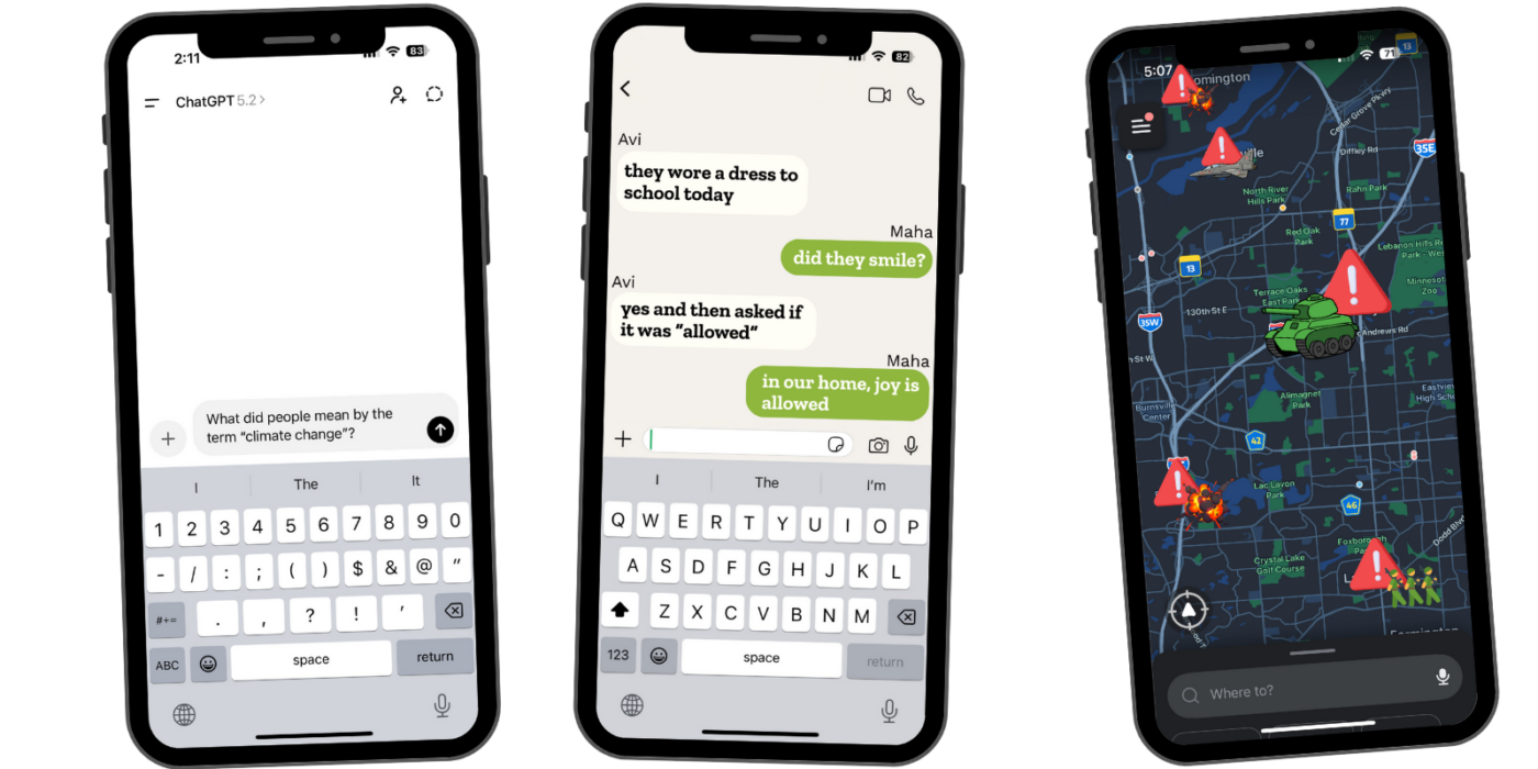 IMAGE of imagined screenshots from the future, asking an AI prompt as if climate change is a mystery in the future, a couple discussing their child's gender fluidity with care, a traffic map of military attacks